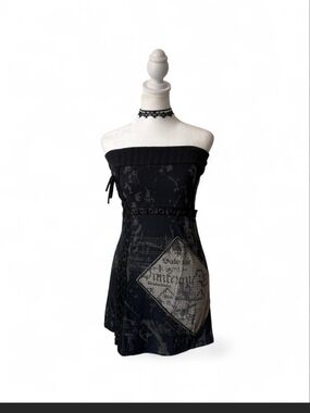 SALVAGE Y2K Vnt Strapless Black Graphic Studded Mini Dress. S